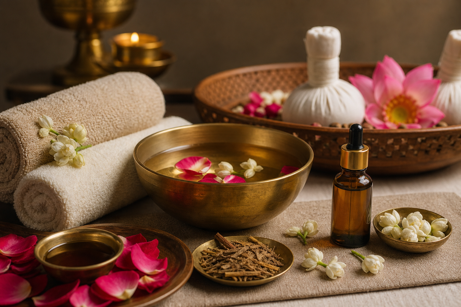 Massage oils and warm towels prepared for therapy